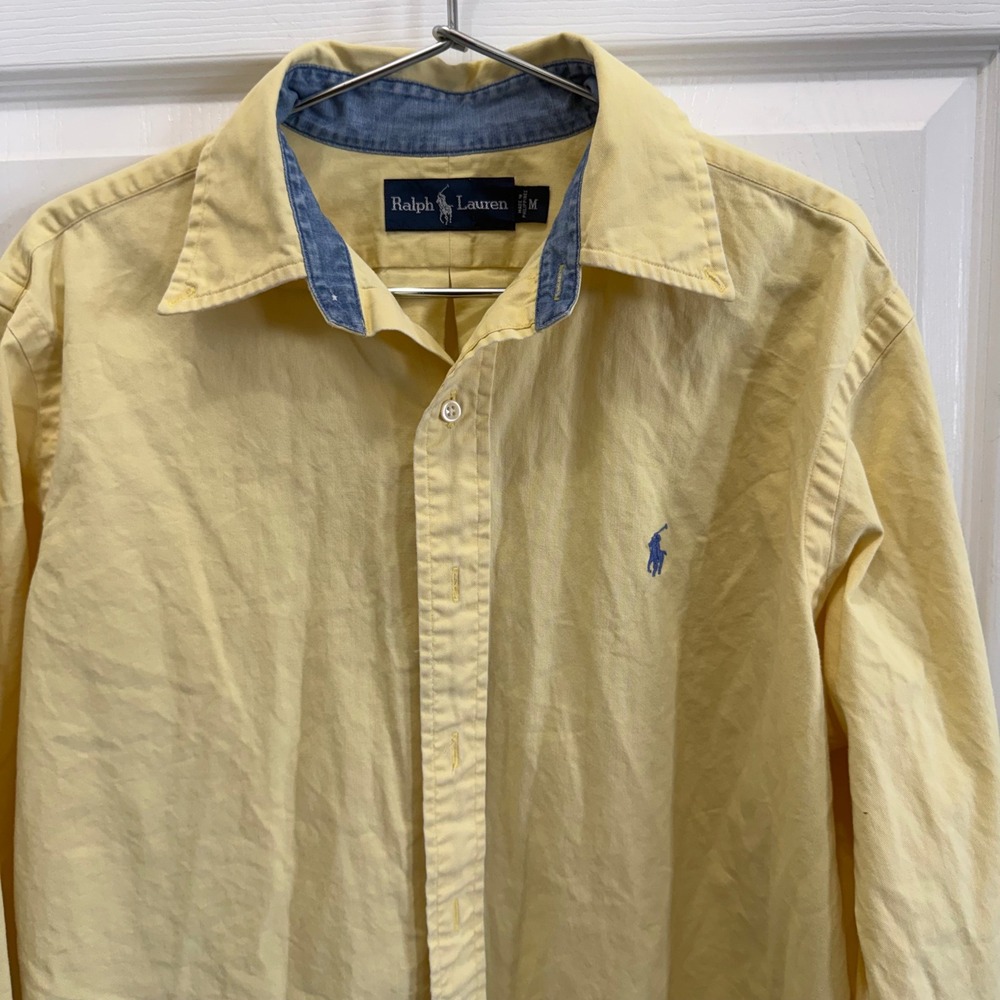 Ralph Lauren Mens Yellow Twill Button Down Shirt Denim Trim Blue Pony Size M